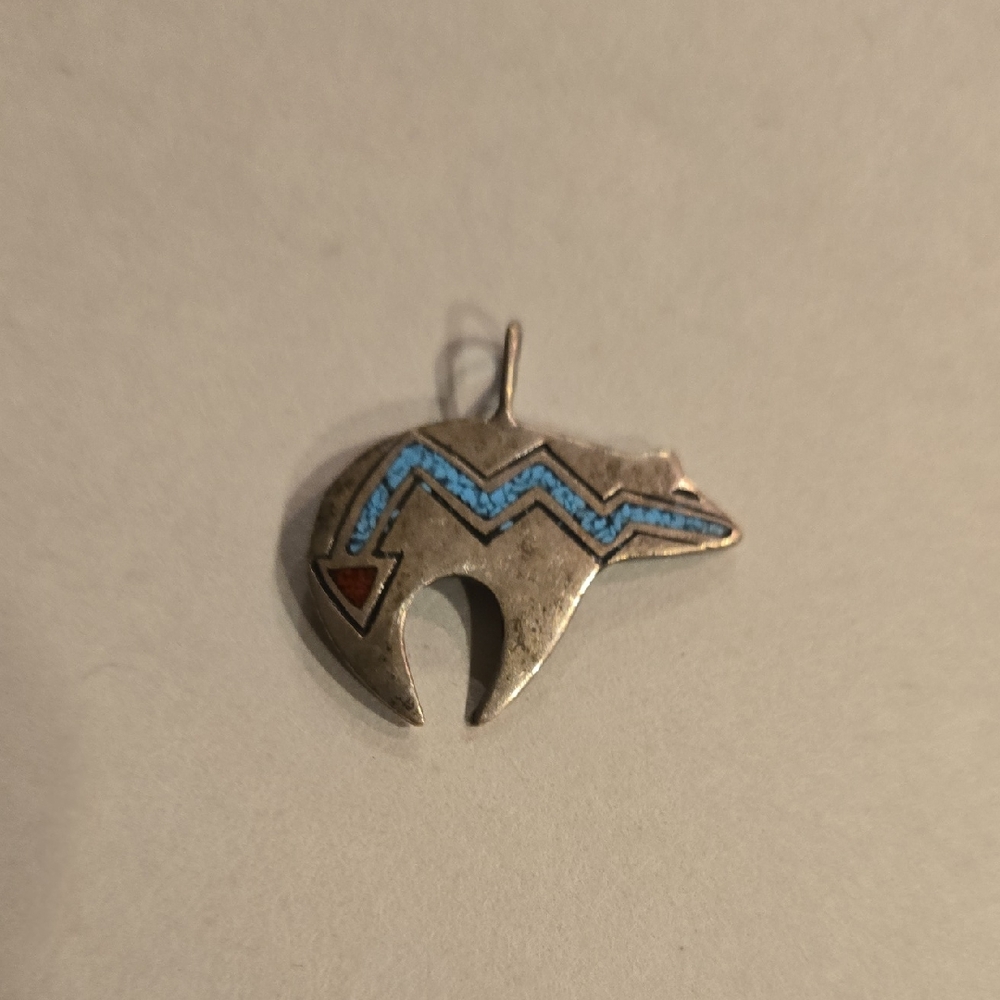 Vintage Sterling Silver Bear Pendant with Turquoise Inlay